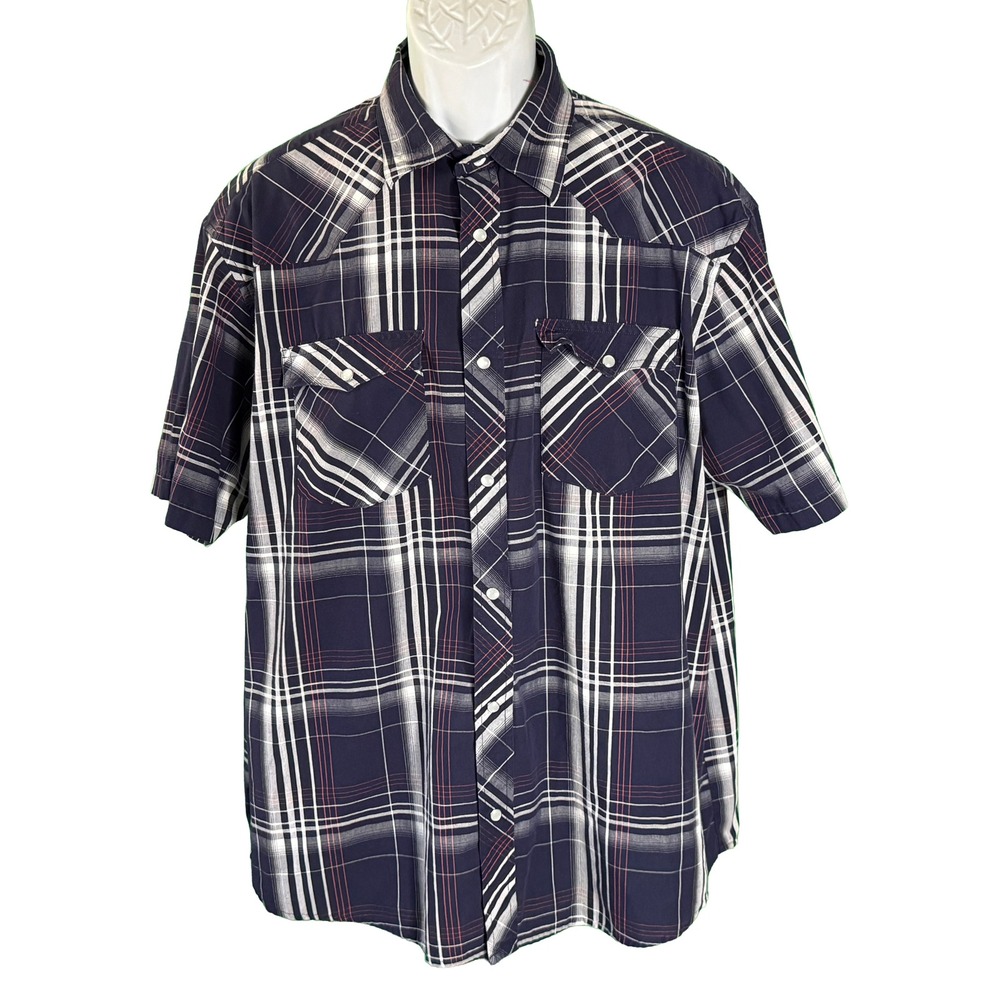 Gioberti Western Shirt Mens XL Navy Blue Plaid Short Sleeve Pearl Snap Yoke